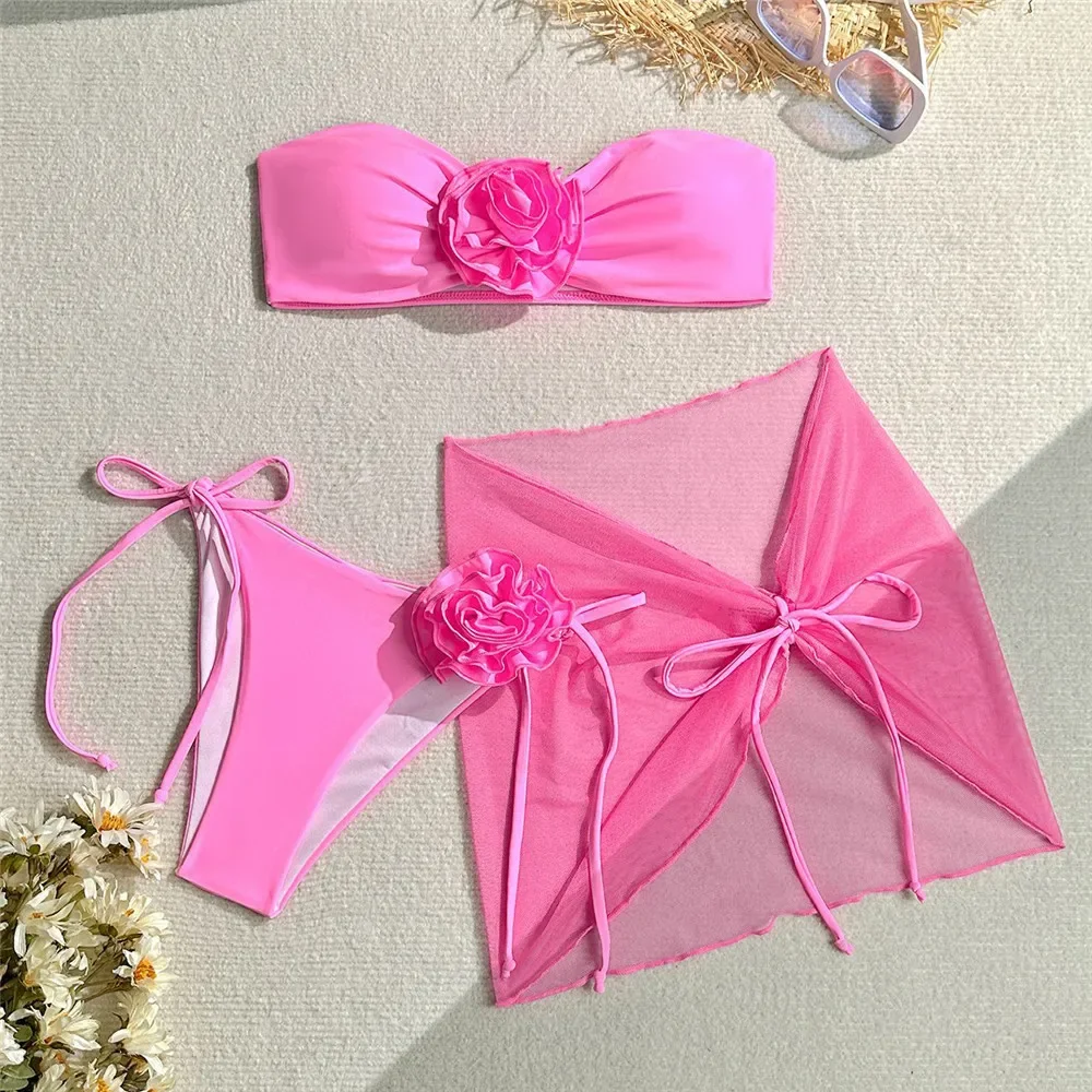 Pink 3D Flower Swimwear Cover Ups 3 Piece Bandeau Bikini Set Women 2025 Micro Thong Sexy Swimsuit Beach wear Bikinis de Mujer