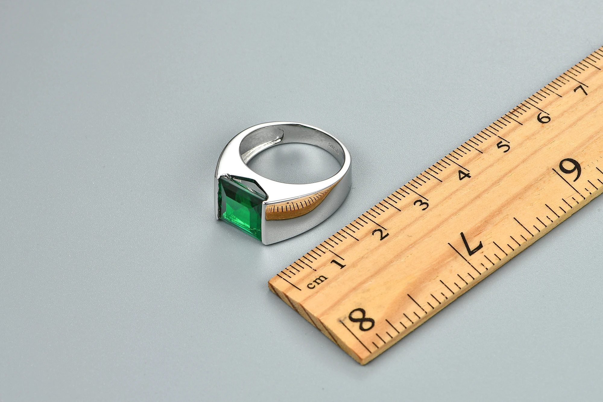 Men's S925 Silver Created Emerald Square Ring