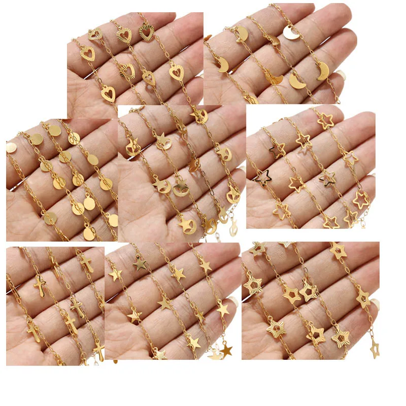 1M Stainless Steel Star Moon Cross Round Disc Link Chain Dangle Charm Chains For DIY Beach Anklet Body Jewelry Making Waterproof