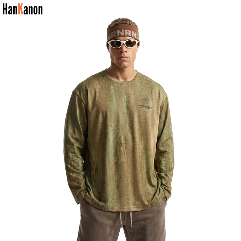 2026 Men's Wasteland Style Long Sleeve T-Shirt - Distressed Digital Print & Loose Elastic Fit Casual Top Unisex