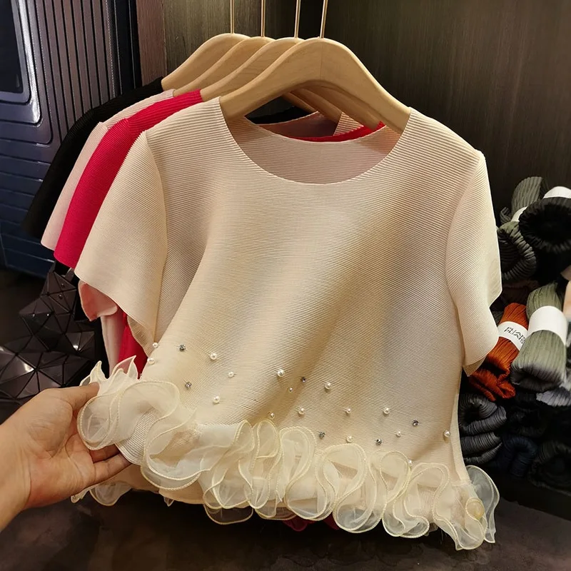 

Miyake Summer New Round Neck Beaded Ruffle Ruffled Blouse Female Temperament Elegant Sweet Thin with Loose Short-sleeved T-shirt