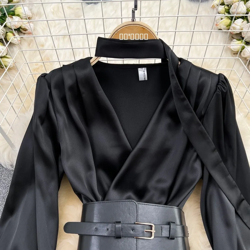 Autunno Hepburn Sle Acetato Raso Bla V-ne Bubble Long Sve Dimagrante Avvolgente a pieghe Aderente Dr Coreano Sle Vita alta...