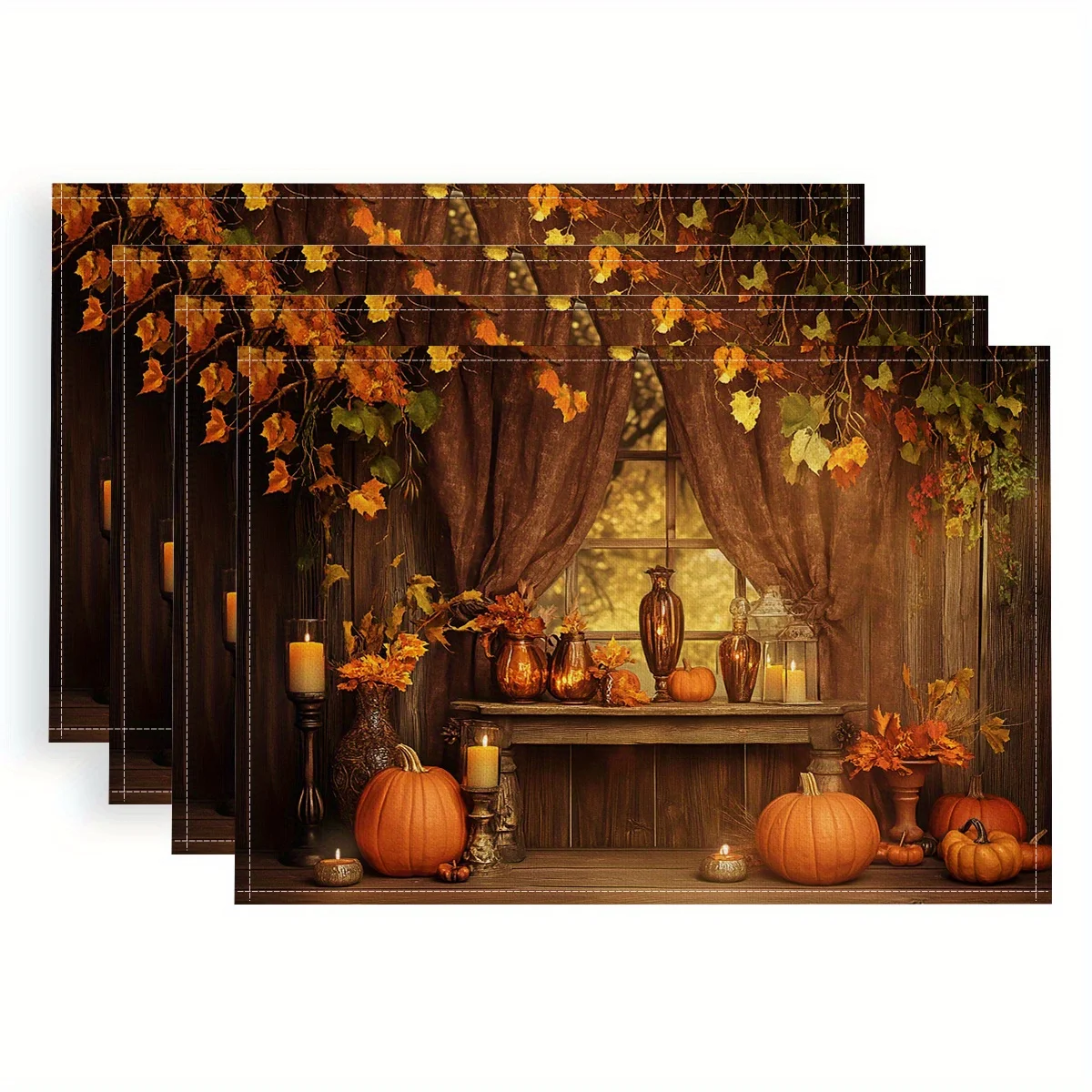 4 قطع من مفارش مشهد الخريف العتيقة - مفارش طاولة بوليستر واقعية ذات طابع سقوطي، 18 × 11.8 بوصة، دافئة