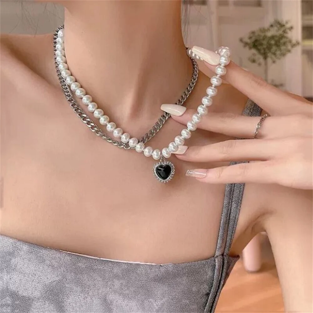 Vintage Schwarze Herzanhänger-Halskette für Frauen Rock Mehrschichtige Imitationsperlen Kubanische Kette Choker Modeschmuck Dropshipping – Detail 1
