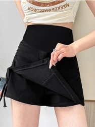 Irregular Maternity Belly Skirts Summer High Waist Side Drawstring Pleated Pregnant Woman Empired Skirts Pregnancy Denim Skirts