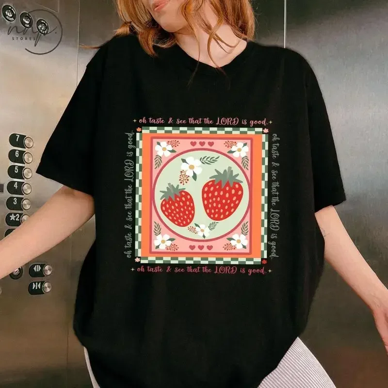 Strawberry Oh Taste And See Floral T Shirt Bible Verse Christian Inspirational Summer