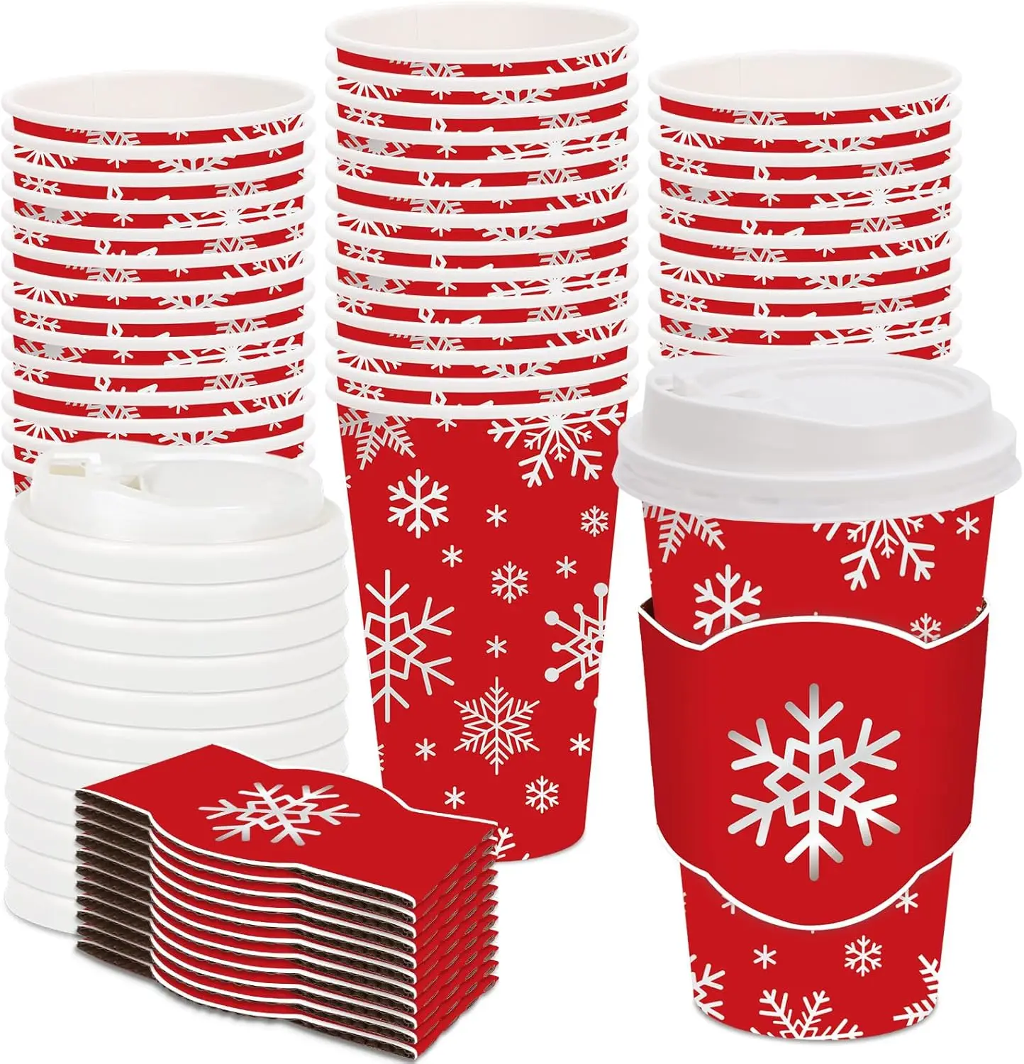 

48 комплектов одноразовых кофейных чашек с рождественскими снежинками и крышками и рукавами, красные, серебряные бумажные стаканчики со снежинками для Xma