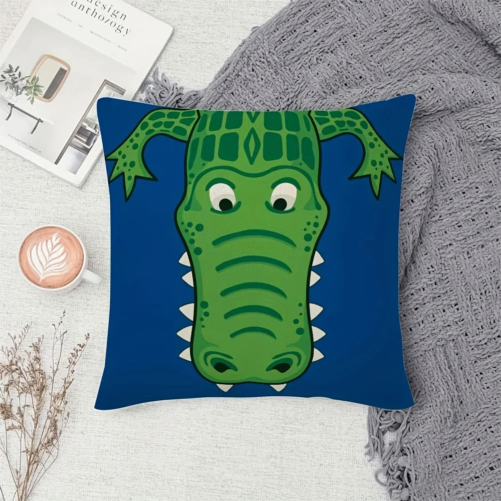 Customize Contemporary Green Crocodile Throw Pillow Cover with Teeth, Cute Funny Style, Machine Washable, Mixed Color, Zipper Cl