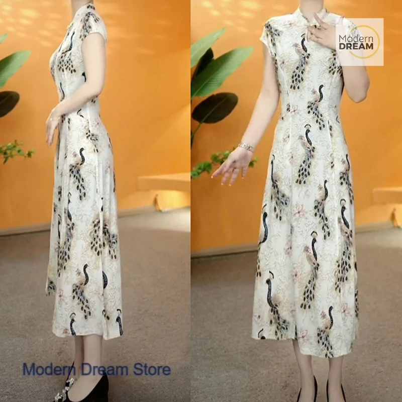 

Summer new retro temperament thin ice feather silk improved cheongsam dress female fashion mother long knee-length skirt.