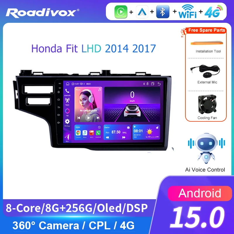 AI VOICE 4G Carplay 2din Android 13 Car Radio Multimedia Video Player forHonda Fit LHD 2014 2017Navigation GPS Stereo Head video