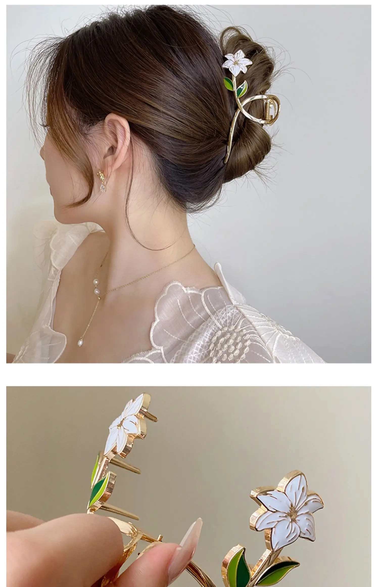 Neue Damen-Haarspange aus Metall, elegante goldene Blumen-Haarspangen, Haarklammer, Krabben-Haarband, Pferdeschwanz-Clip, Kopfschmuck, Haaraccessoires, Tiara – Detail 15