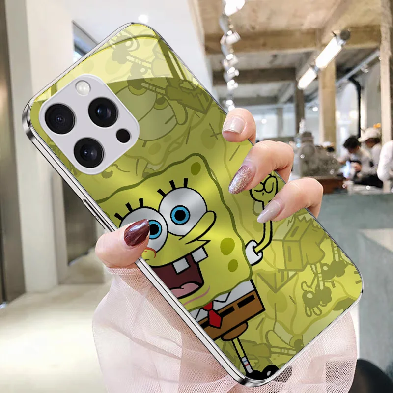 S-SpongeBobes Phone Case for IPhone 16 15 14 13 12 11 Pro Max X XR XS MAX 8 7 Plus Shockproof Cartoon Metallic Paint Glass Shell