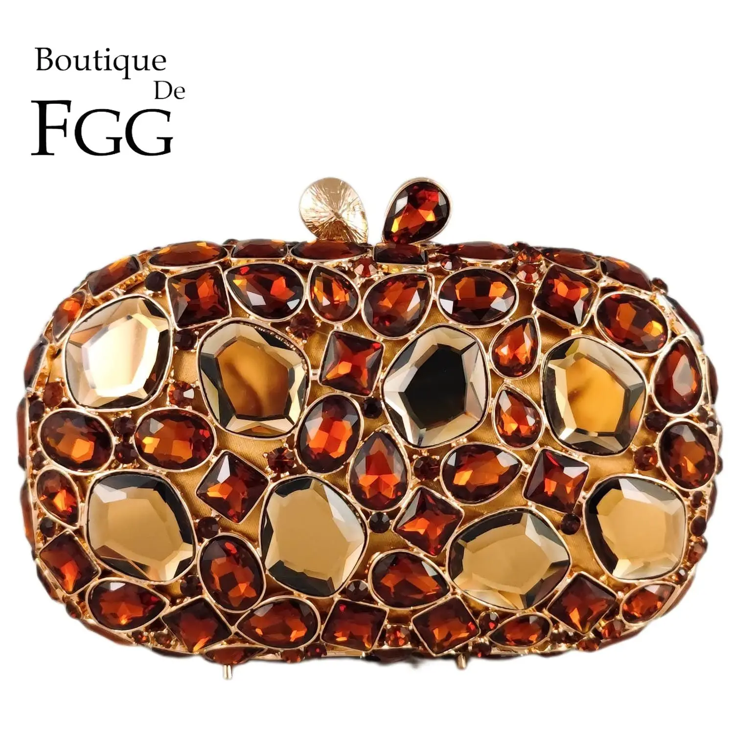 Boutique De FGG Gemstone Women Brown Crystal Clutch Purse Formal Evening Handbags Wedding Party Rhinestone Clutch Minaudiere Bag