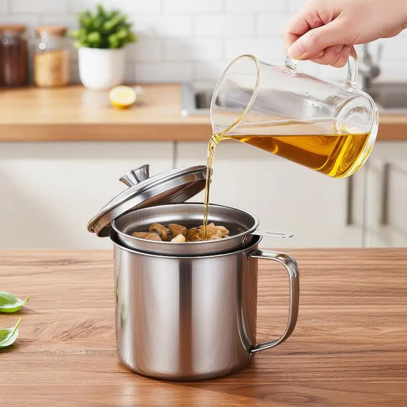 Stainless Steel Oil Filter Pot Kitchen Oil Container Fine Mesh Strainer Frying Oil Storage Reuse Oil Residue Separator Cup