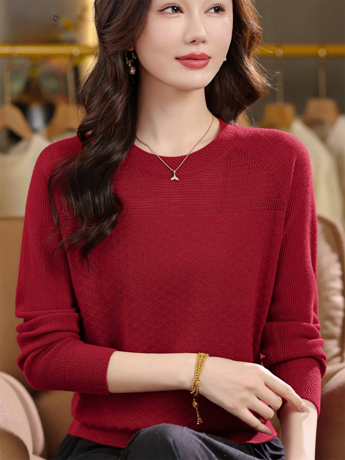 

Faionable round Ne Knitwear Loose Women's Midlife Mom Clothes Spring Autumn Sle Slimming Top Breathable Comfortable