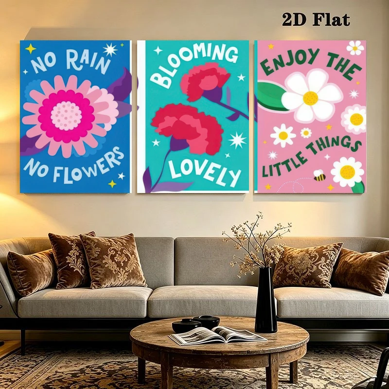 2D Flat, 3pcs Modern Boho Minimalist Floral Wall Art Frameless Suitable for Living Room, Poster Prints with LOVELY ENJOY FLOW