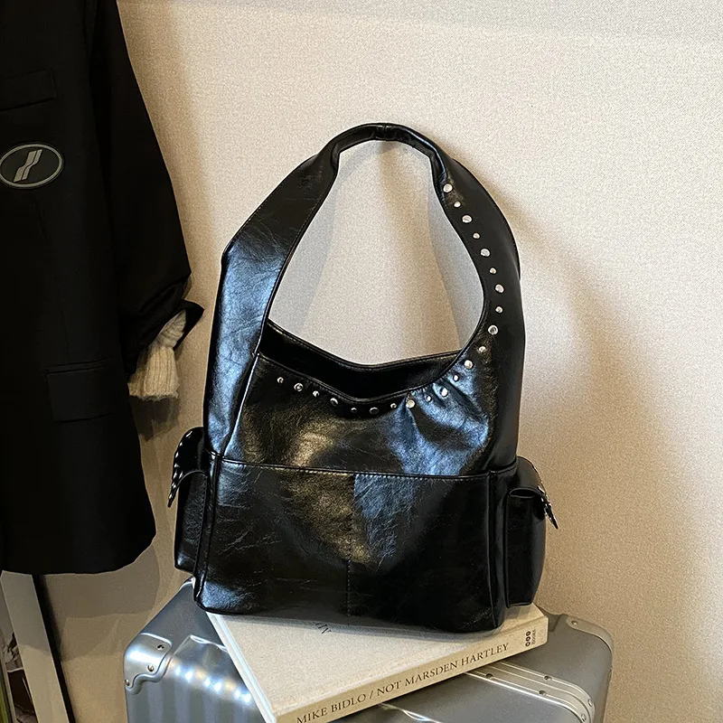 겨울용 스터드 장식 스퀘어 백 넉넉한 여성용 숄더백 빈티지 탑 핸들 토트백 다용도 언더암 백 캐주얼