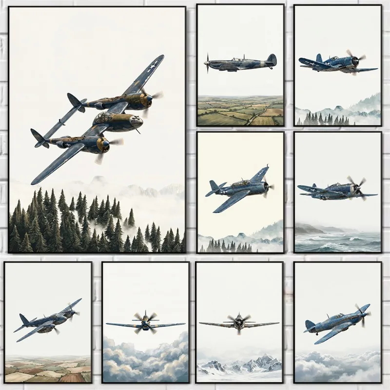 Vintage Mountain Aircraft Flying Airplane Poster Aviation Warplane Fighter Plane Canvas Painting Wall Art Living Room Home Decor