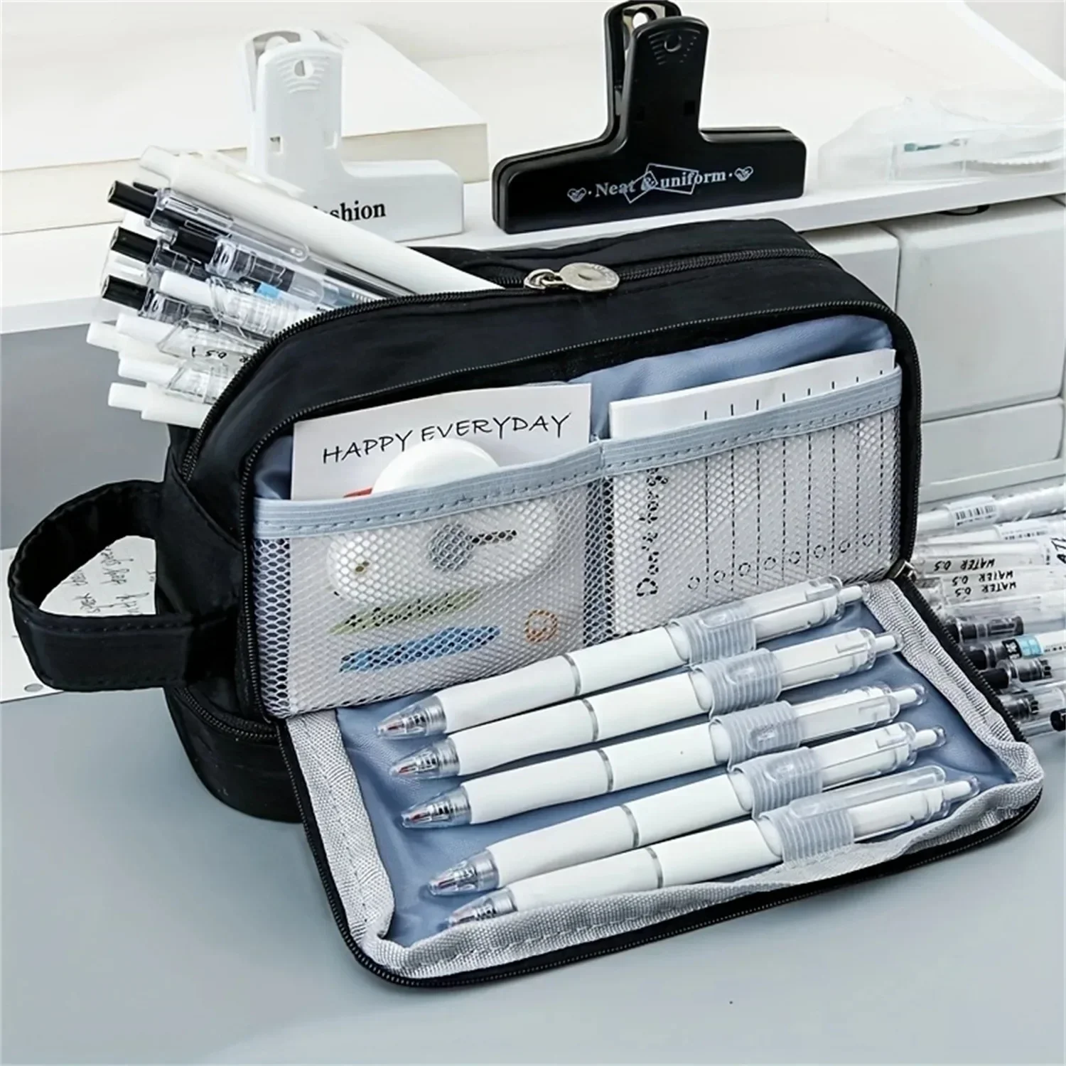 Imagem -02 - Portátil 5-layer Lápis Case para Estudantes Black Pen Bolsa Organizador de Maquiagem Suprimentos de Mesa Escola e Escritório Estacionária