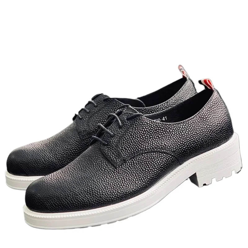 

Round Toe Leather Shoes for Men's with Fish Bead Pattern Cowhide Lace Up Thick Soled Shoes British Hand Sewn Casual Derby Shoes
