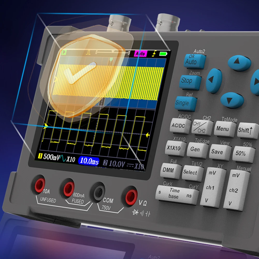 3in 1 Oscilloscope Multimeter Signal Generator Machine 3.2inch Oscope Meter Oscilloscope 120Mhz Bandwidth 250MSa/s Sampling Rate