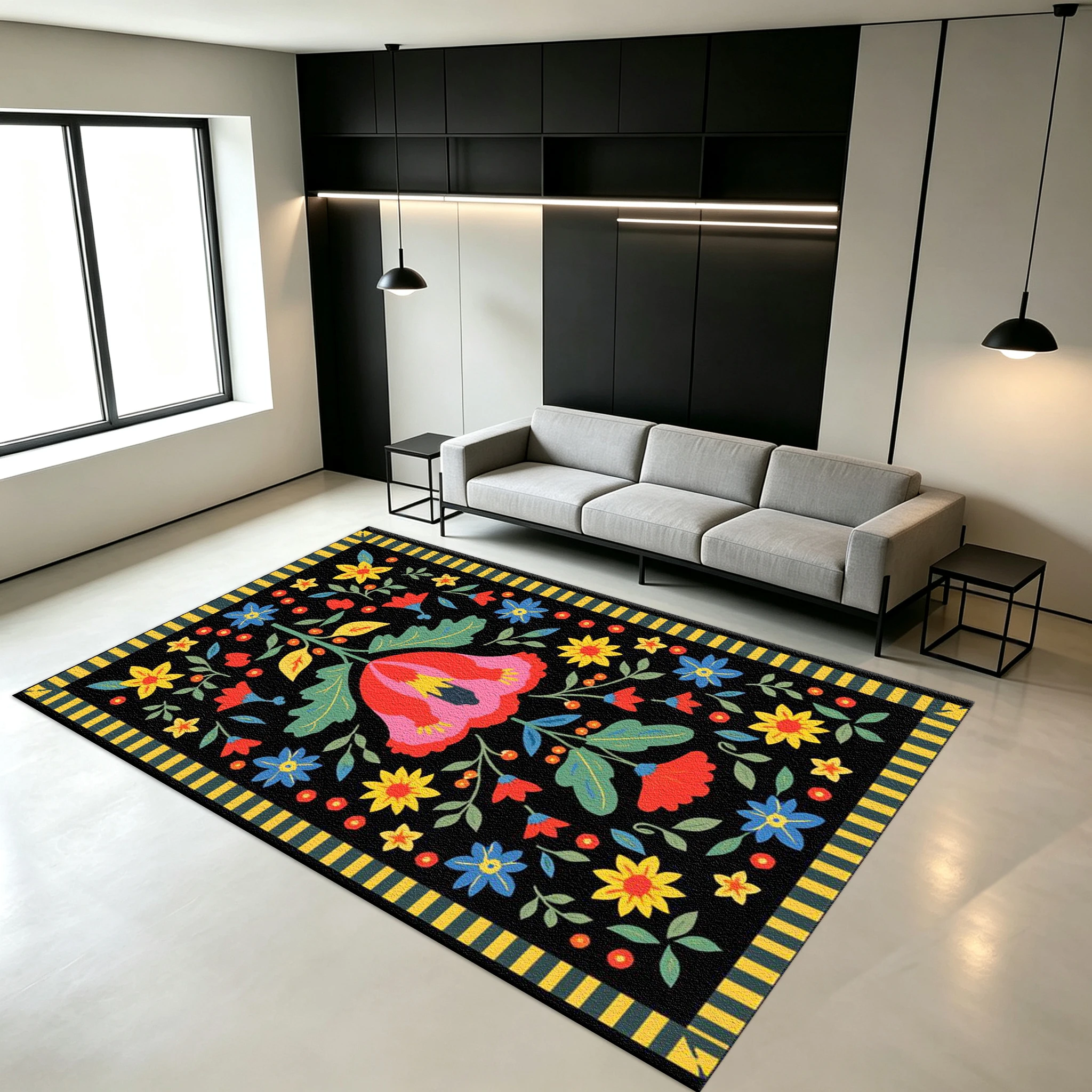 Black Base Folk Colorful Floral Carpet Flooring Bohemian Folk Art Anti‑Slip Floor Rug