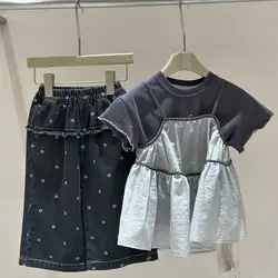 Girls' summer outfit set 2025 new style short sleeved camisole skirt jeans three piece set for children