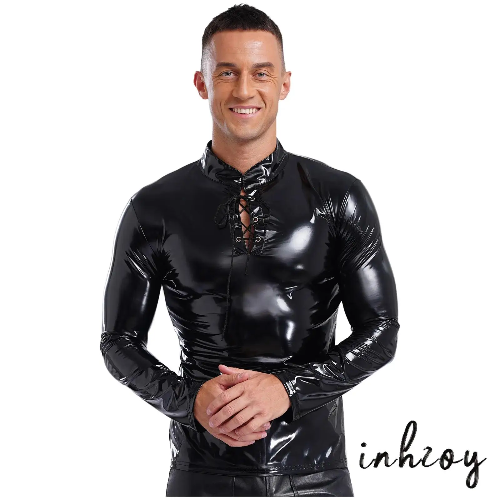 

Mens Glossy PU Leather Steampunk Compresssion Shirt Long Sleeve Lace-up Wet Look Pullover Top Stylish Party Wear Cycling Jackets
