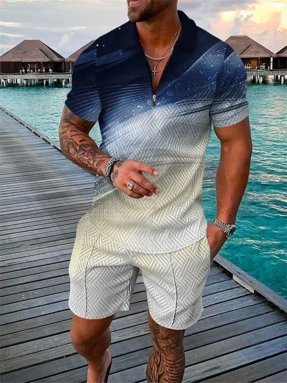 2024 Summer explosiv Men's Fashion Trend Print two-piece Set Comfortable casual Trend Short-sleeved Shorts Pullover top