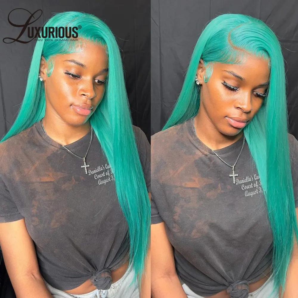 

Mint Green Colored HD Lace Front Straight Wig Remy 100% Human Hair 613 Glueless 32 Inch Pink 13X4 Lace Frontal Wigs Preplucked