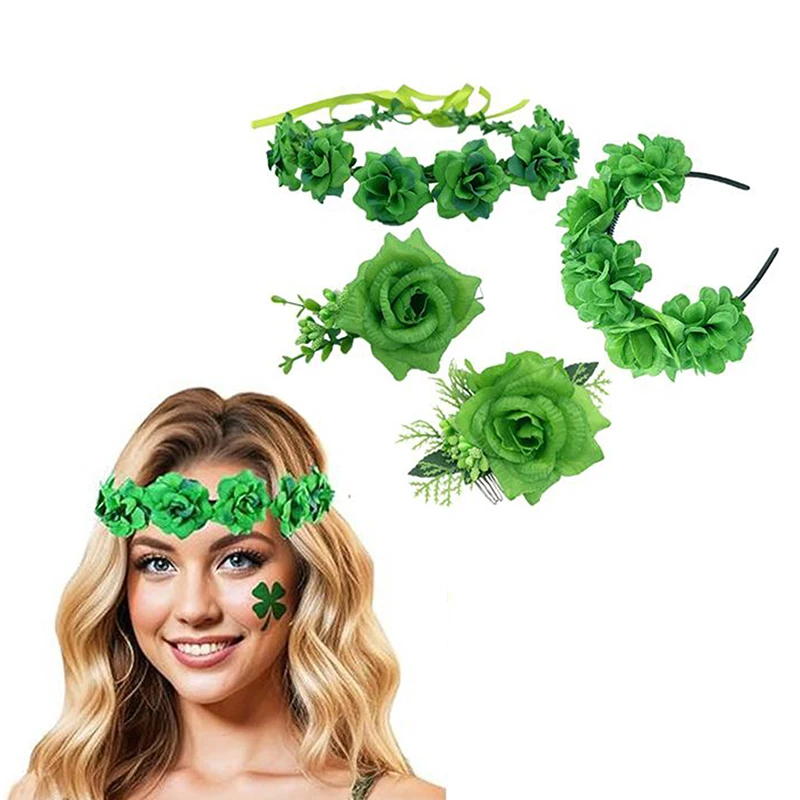 

St. Patrick's Day Wreath Headband Simulation Flowers Headwear Green Hair Comb Hair Accessories Party Decor