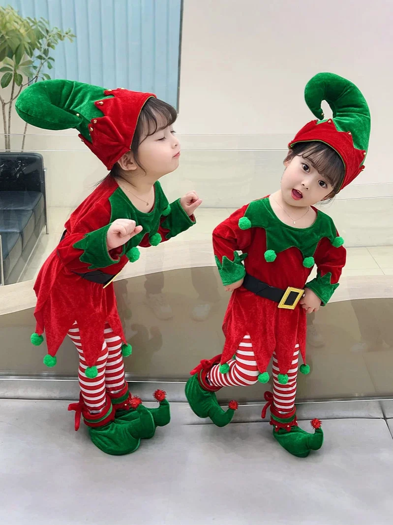 Kids Red Green Elf Costume Pom Pom Outfit Christmas Santa Helper Cosplay For Carnival Holiday Party
