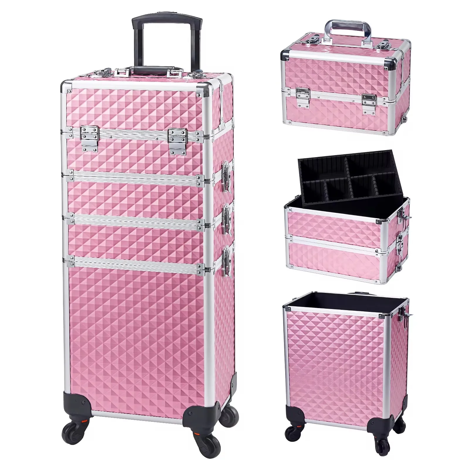 Make-up trolley koffer afneembaar 4-in-1 aluminium trein koffer voor nagelstylist op wielen met slot salon grote capaciteit opbergkoffer