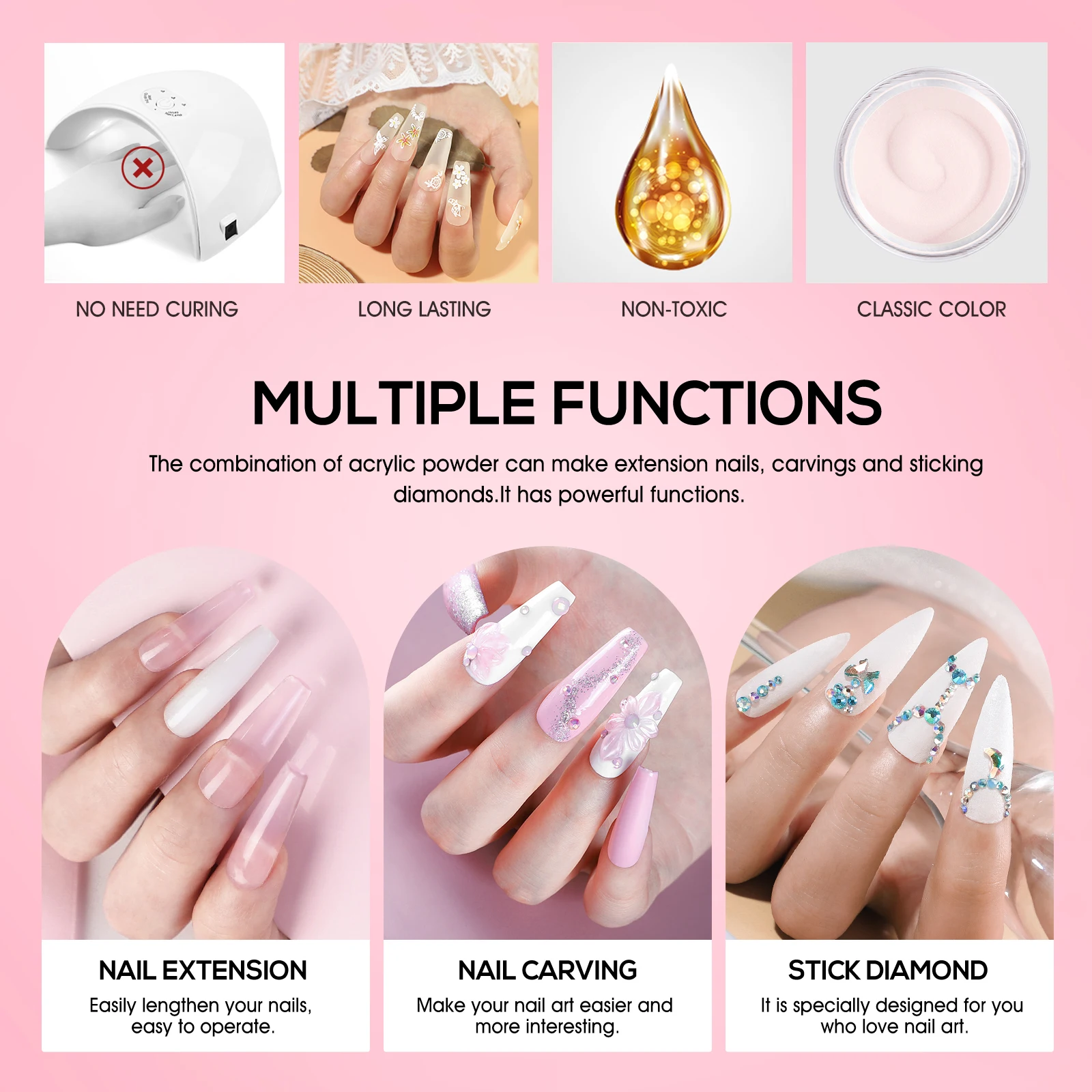 COSCELIA MAnicure Kit de uñas acrílicas con taladro para uñas y luz U V para principiantes Juego profesional de polvo acrílico con purpurina