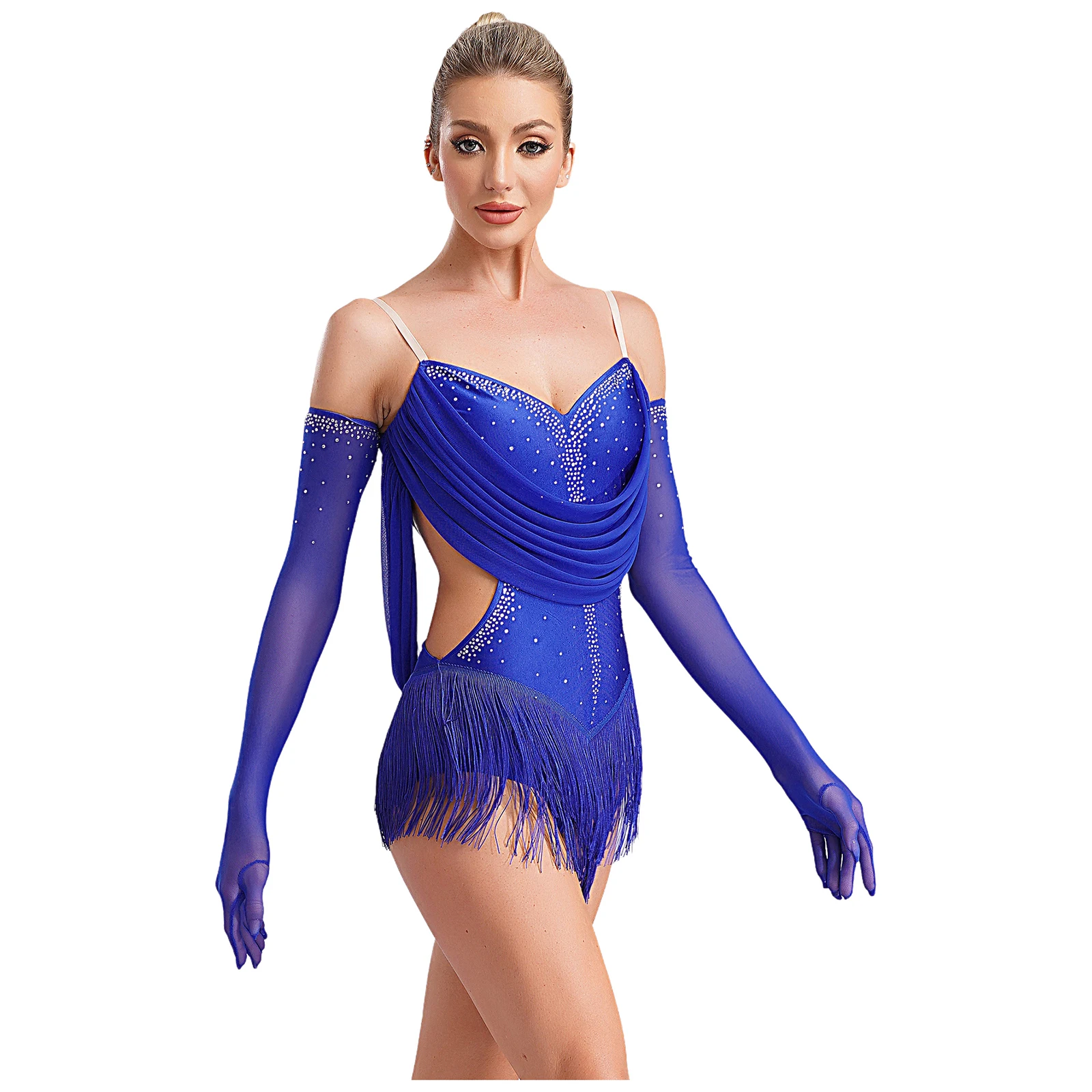 Women Latin Dance Costume Spaghetti Straps Ruffles X Back Tassel Leotard Dress with Gloves Ballroom Stage Performance Dancewear