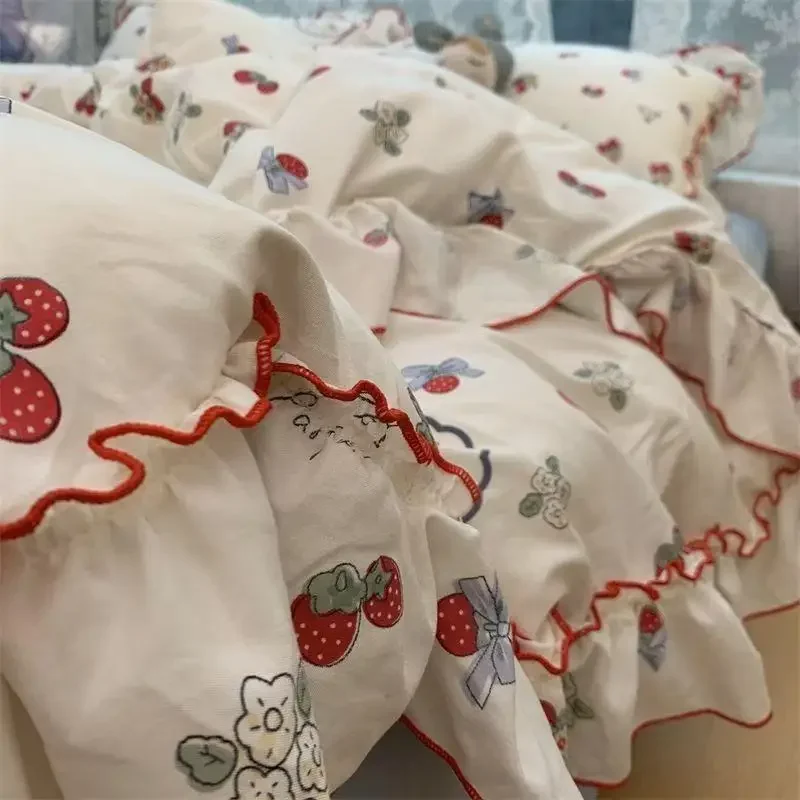 Korean Style Princess Floral Bedding Sets Vintage French Pastoral Flowers Lace Ruffles Girls Duvet Cover Set Pillowcase