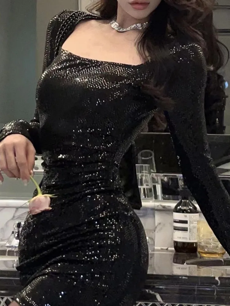 Abito Aderente Sexy con Paillettes Scintillanti a Vita Alta per Discoteca, Bar, Celebrità, Spettacoli ed Eventi Nuziali