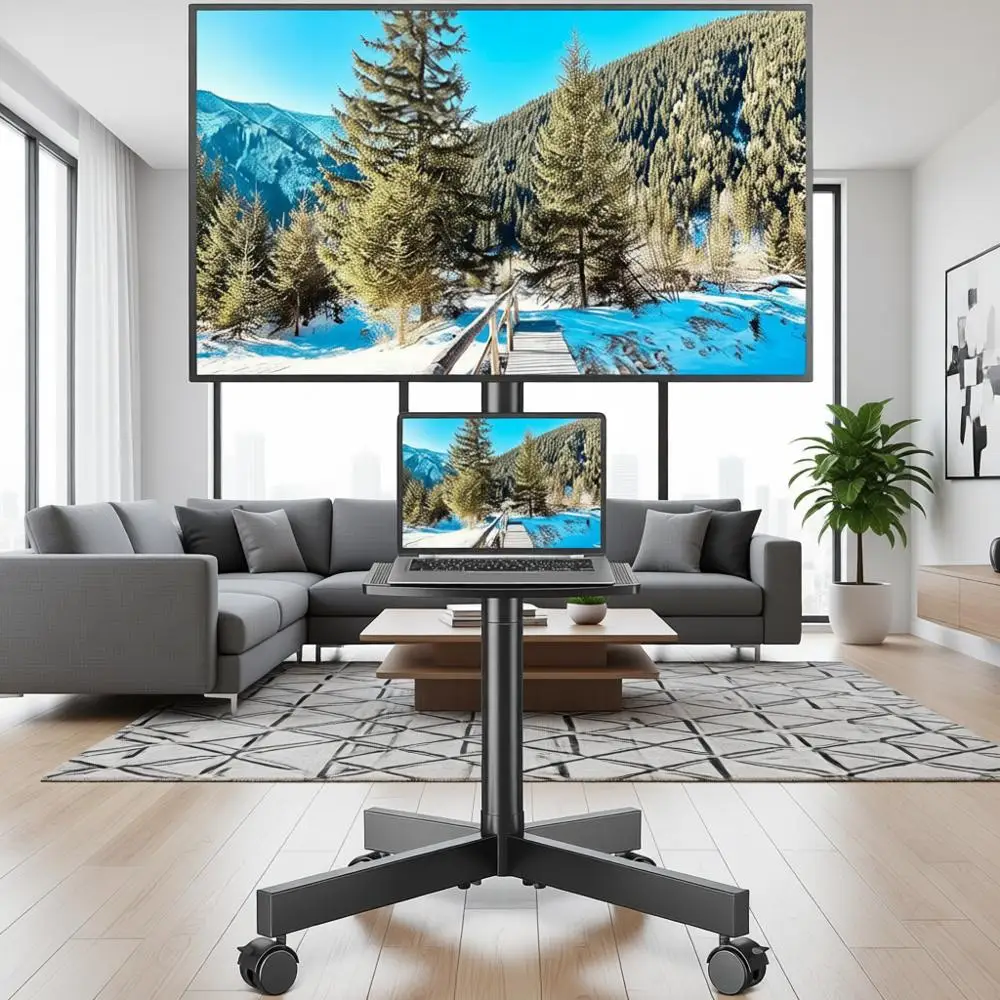 

Rolling TV Stand with Shelf for 23-65 inch TVs up to 88lbs, Portable Mobile Cart with Silent Wheels, Height Adjustable for Bedro
