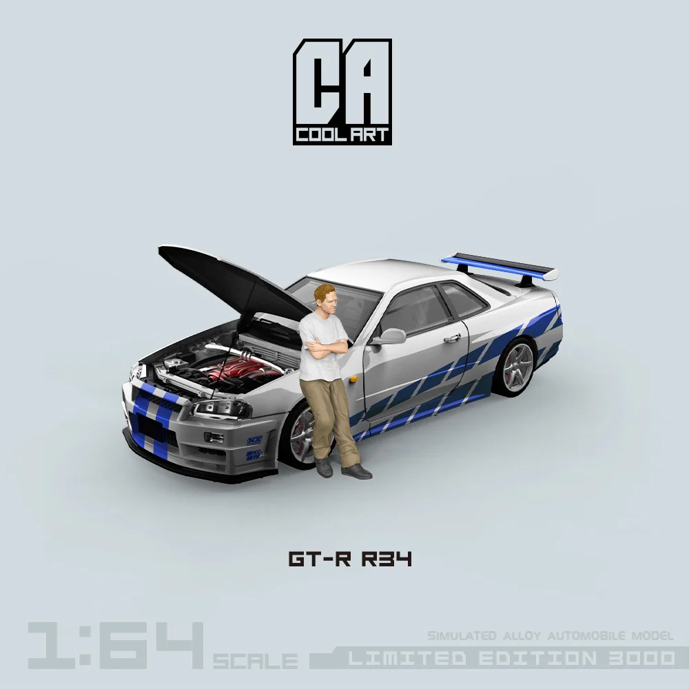 TIME MICRO/COOL ART 1:64 GTR-R34 Paul Blue Silver Flower Car Open Cover Model Car for Collection & Display & Gift