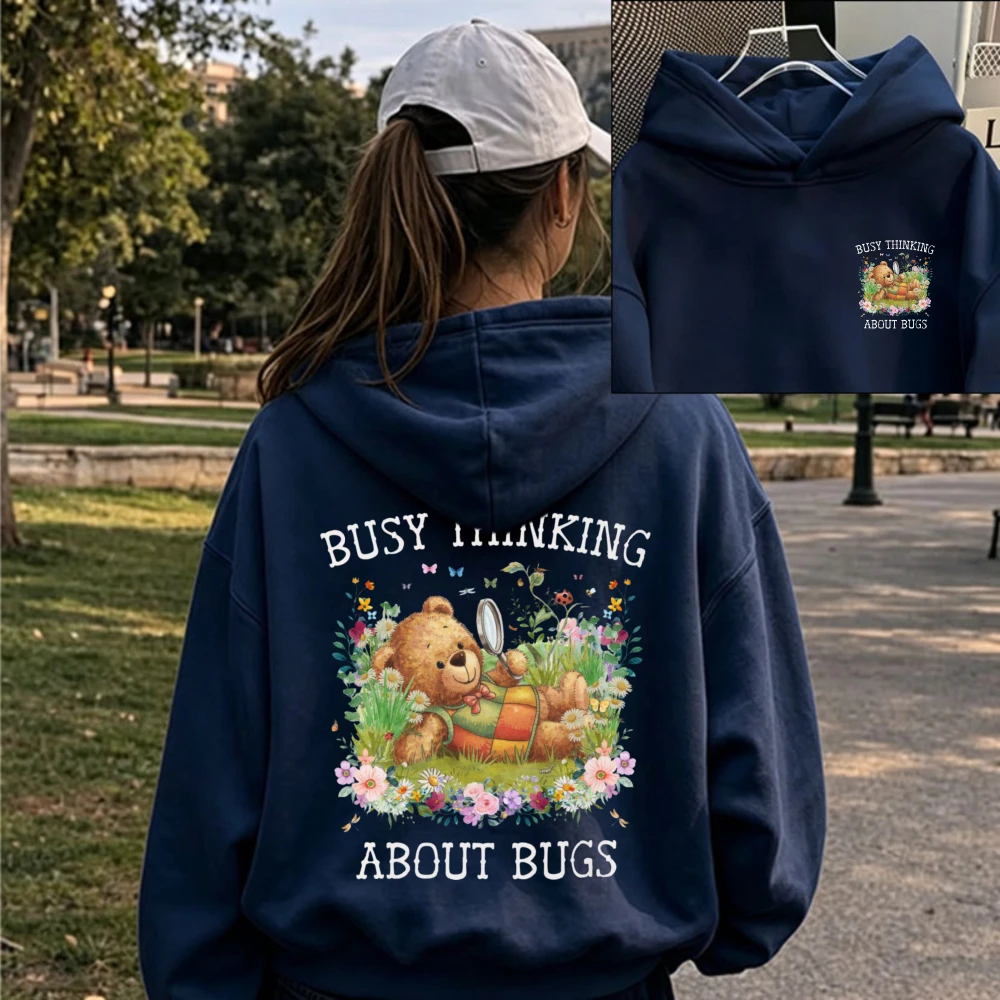 Autumn and Winter Hoody Busy Thinking about Bugs Cute Teddy Bear Floral Insect Two Sided Graphic Hoodie Women Oversized Pullover