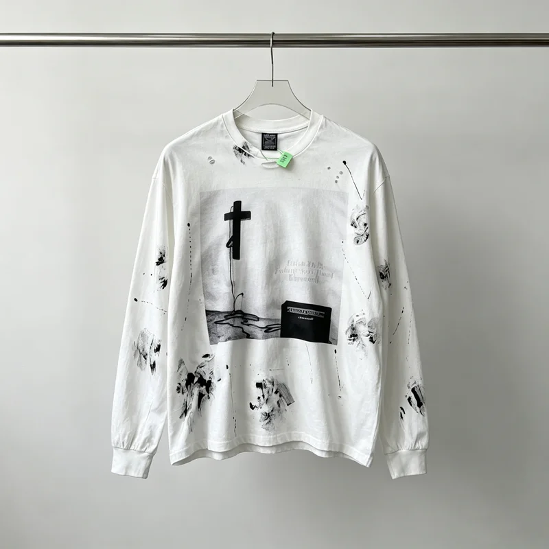 God Is Listening Graffiti Hole Damaged Cross Label CHOOOSELF T Shirt Men Women Vintage Loose Soiled Saint Long Sleeve T-shirt