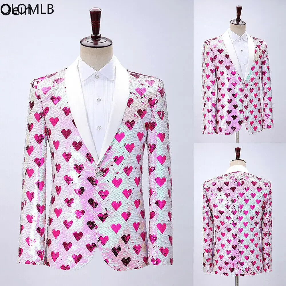 

Glitter Mens Suit Blazer Heart Pattern Sequin Jacket Dress Party Show Costume UK