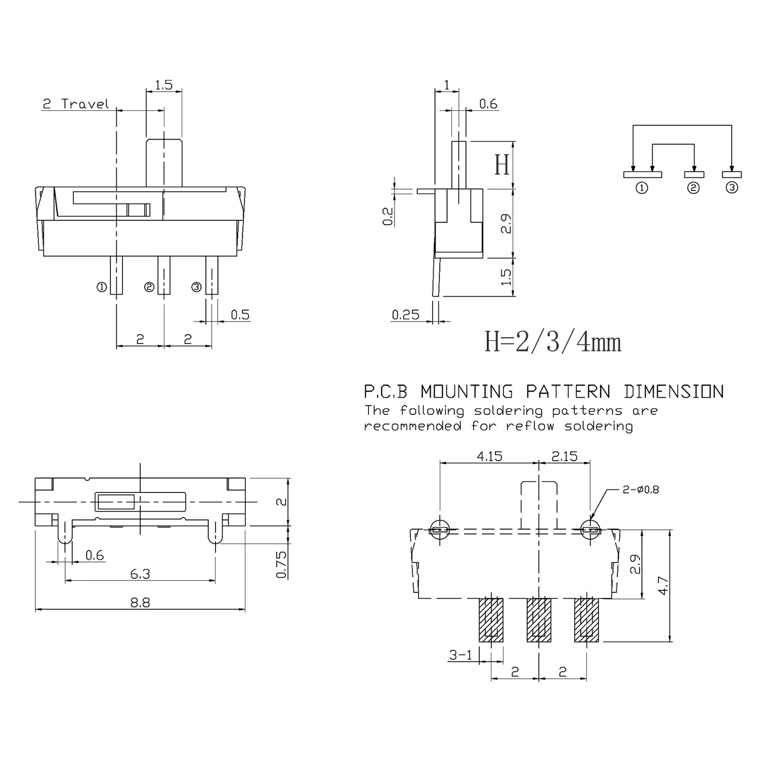 100PCS 3Pin Mini Slide Switch 1P2T Micro Toggle Switch Handle H=2MM/3MM/4MM Miniature Horizontal Slide Switch SMD MSK-03G