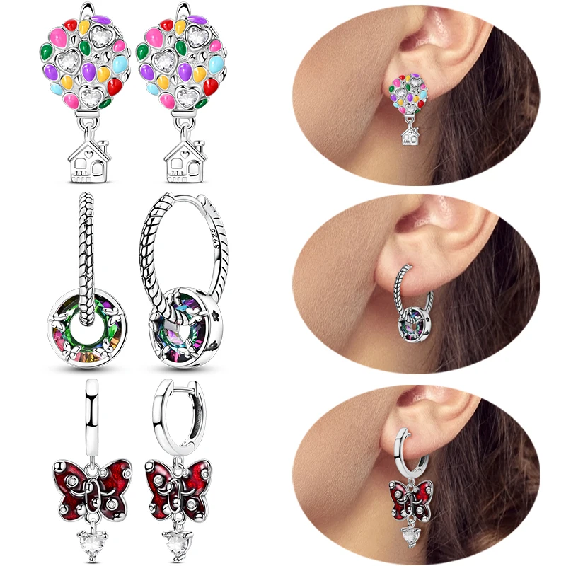 

New 925 Sterling Silver Hoop Earrings Butterfly Hot Air Balloon Studs Drop Earring For Women Fashion Birthday Party Jewelry Gift