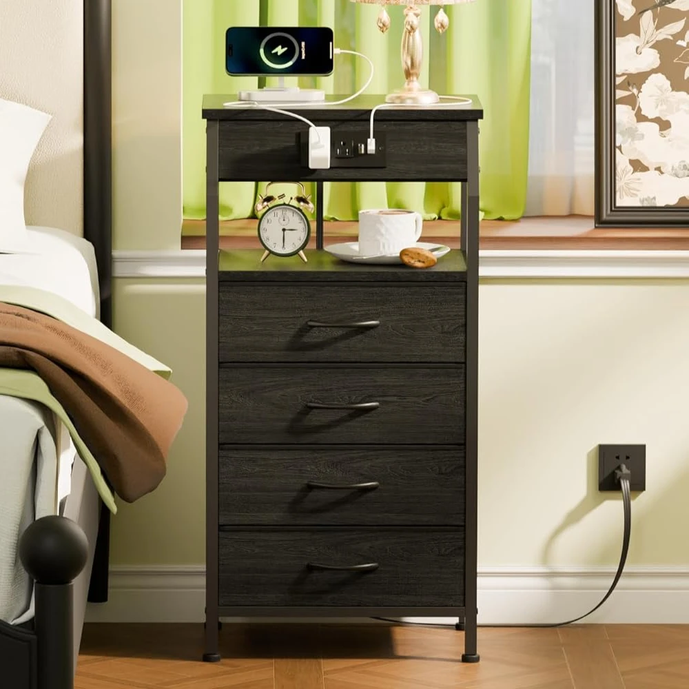 

High bedside table with charging station, 4-drawer dresser with storage shelves, wardrobe cloth end table, bedside furniture