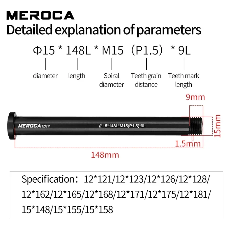 MEROCA MTB Road Bike Thru Axle Rod 12mm 15mm P1.5 Front Rear Hub Thru Axle Fork Shaft 15x100 12x142 12x100 12x148 15x110