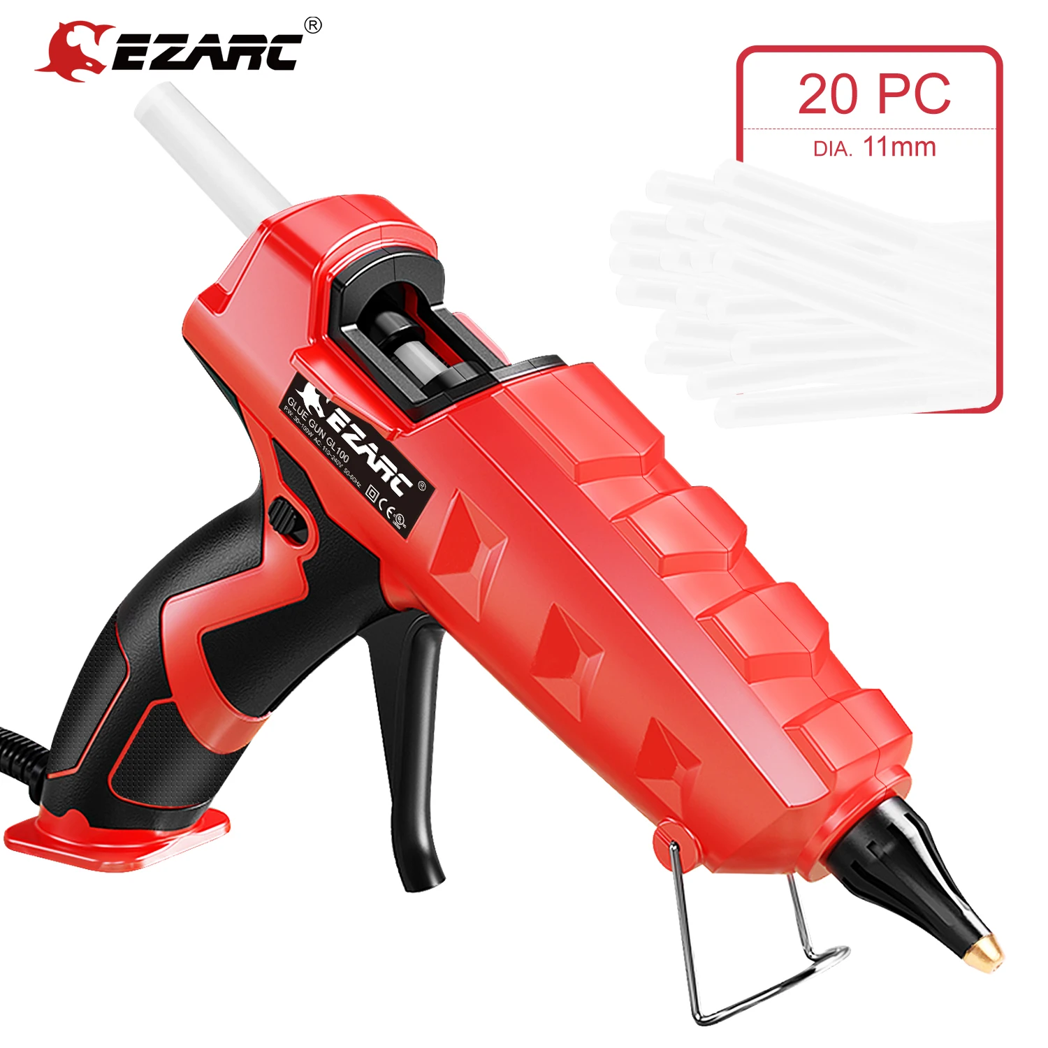 EZARC-pistola de pegamento de fusión en caliente de 100W, kit de pistola de pegamento de tamaño completo resistente con barras de pegamento de 20