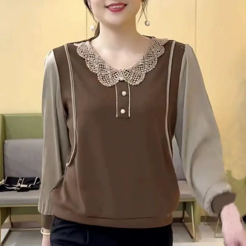 Long Sleeve Doll Collar T-Shirt Women's Spring Autumn Casual Loose Fit Polyester Base Shirt Cover up Top Mommy Clothes
