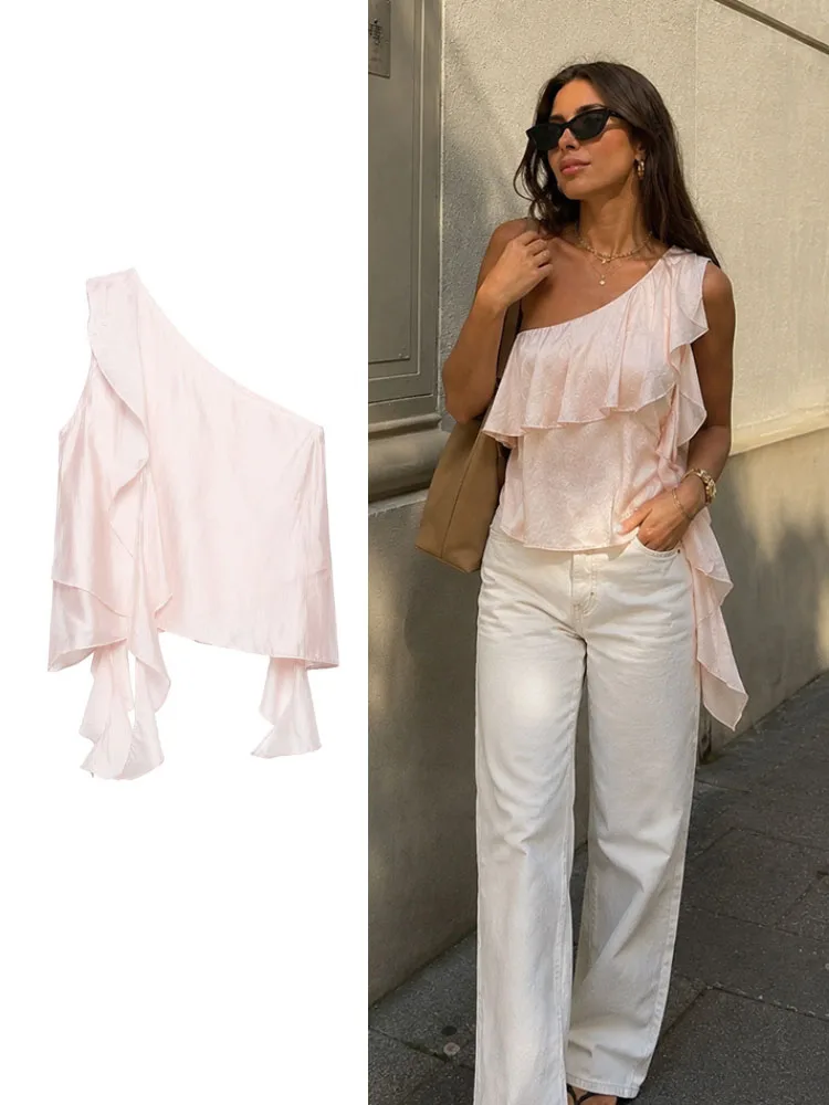 HH Women Spring Summer Casual Blush Pink One Shoulder Ruffle Top Asymmetric Hem Sleeveless Flowy For Outdoor Walking Daily Wear