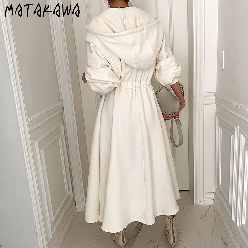 MATAKAWA Robe Korean Fashion Elegant Hooded Zipper Slim High Waist Cardigan Sweatshirt Dress Patchwork Vestidos Woman Clothes